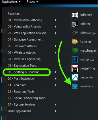 screen capture from Kali VM pointing to where Wireshark can be found